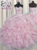 New Style Bling-bling Floor Length Lace Up Quinceanera Dresses Pink for Military Ball and Sweet 16 and Quinceanera with Beading and Ruffles