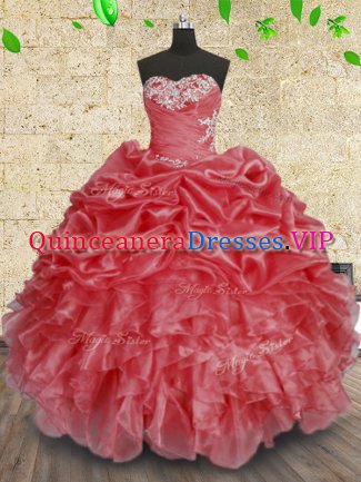 Coral Red Sweetheart Lace Up Beading and Appliques and Ruffles and Ruching Ball Gown Prom Dress Sleeveless