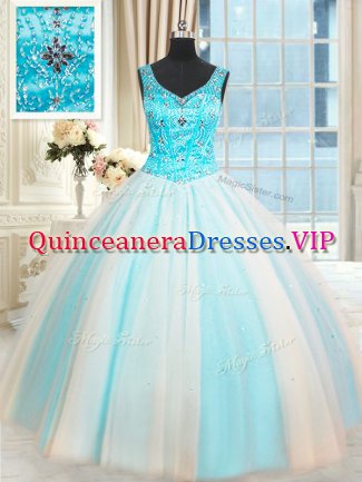 Custom Design Beading Party Dress for Girls White and Blue Lace Up Sleeveless Floor Length