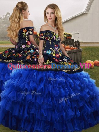 Floor Length Blue And Black Sweet 16 Quinceanera Dress Off The Shoulder Sleeveless Lace Up