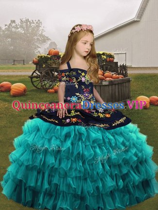 Teal Organza Lace Up Child Pageant Dress Sleeveless Floor Length Embroidery and Ruffled Layers