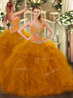 Classical Tulle Sweetheart Sleeveless Lace Up Beading and Ruffles Sweet 16 Dress in Brown