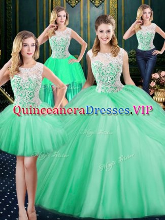 Spectacular Four Piece Tulle Scoop Sleeveless Zipper Lace and Pick Ups Sweet 16 Quinceanera Dress in Apple Green