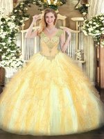 Customized Gold Organza Lace Up Quinceanera Gowns Sleeveless Floor Length Beading and Ruffles