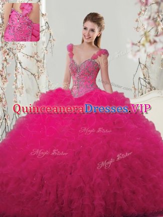 Custom Fit Straps Sleeveless Lace Up Floor Length Beading and Ruffles and Hand Made Flower Quinceanera Gown