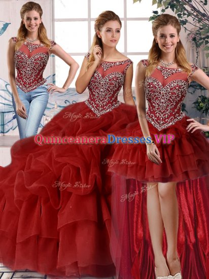 Unique Wine Red Zipper Sweet 16 Dresses Beading and Pick Ups Sleeveless Brush Train - Click Image to Close