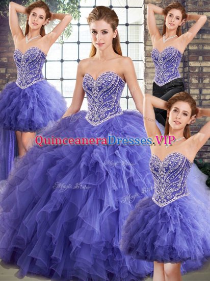 Sumptuous Sleeveless Floor Length Beading and Ruffles Lace Up Quince Ball Gowns with Lavender - Click Image to Close