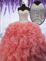 Sexy Coral Red Sleeveless Ruffles and Sequins Floor Length 15th Birthday Dress