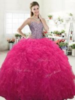 Customized Hot Pink Sleeveless Floor Length Beading and Ruffles Lace Up Quinceanera Gowns