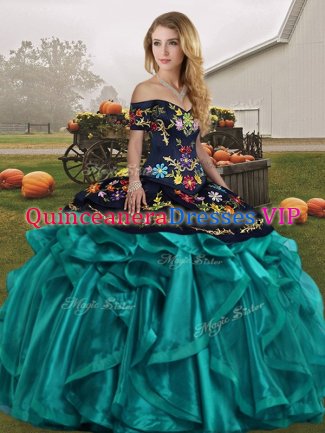 Low Price Teal Sleeveless Embroidery and Ruffles Floor Length Ball Gown Prom Dress