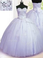 Amazing Sleeveless Tulle Floor Length Lace Up Quince Ball Gowns in Lavender with Beading and Appliques(SKU PSSW0396-5BIZ)