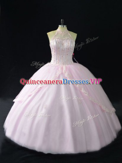 Pink Ball Gowns Beading and Appliques Sweet 16 Dresses Tulle Sleeveless - Click Image to Close