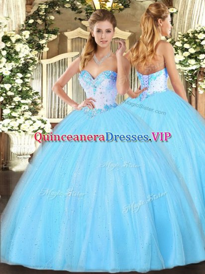 Hot Sale Sleeveless Tulle Floor Length Lace Up 15th Birthday Dress in Aqua Blue with Beading - Click Image to Close