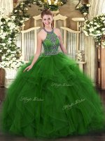 Dazzling Green Ball Gowns Tulle Halter Top Sleeveless Beading and Ruffles Floor Length Lace Up 15th Birthday Dress