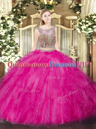 Designer Hot Pink Sleeveless Tulle Lace Up Sweet 16 Dresses for Military Ball and Sweet 16 and Quinceanera