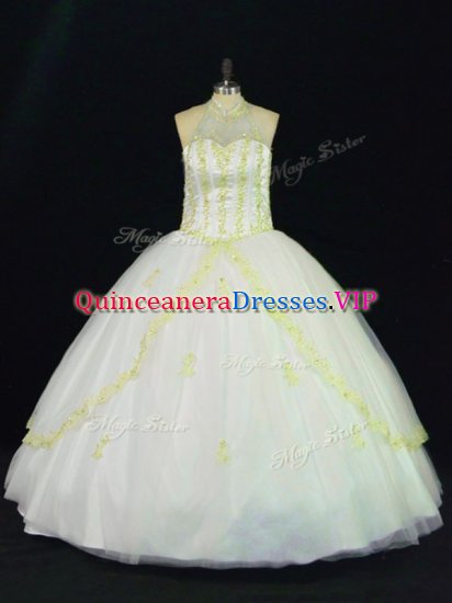 Ball Gowns Sweet 16 Dresses Yellow And White Halter Top Tulle Sleeveless Floor Length Lace Up - Click Image to Close