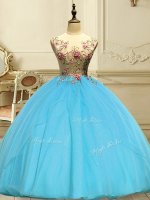 Fantastic Sleeveless Floor Length Appliques Lace Up Sweet 16 Dresses with Baby Blue