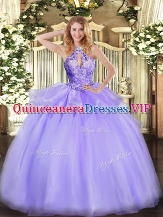 Lavender Ball Gowns Organza Halter Top Sleeveless Beading Floor Length Lace Up 15th Birthday Dress