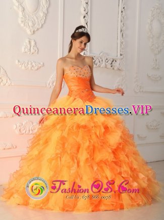 Fashionable Orange Red Beading and Ruch Bodice Quinceanera Dress For Formal Evening Sweetheart Organza Ball Gown In Bottineau North Dakota/ND