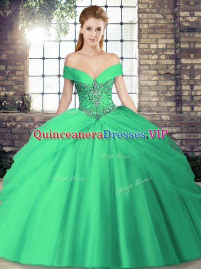 Glamorous Lace Up Sweet 16 Dress Turquoise for Military Ball and Sweet 16 and Quinceanera with Beading and Pick Ups Brush Train - Click Image to Close