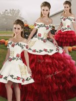 Wine Red Off The Shoulder Lace Up Embroidery and Ruffled Layers Sweet 16 Quinceanera Dress Sleeveless