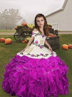 Fashion Fuchsia Organza Lace Up V-neck Sleeveless Floor Length Kids Pageant Dress Embroidery and Ruffles(SKU PAG1271-9BIZ)