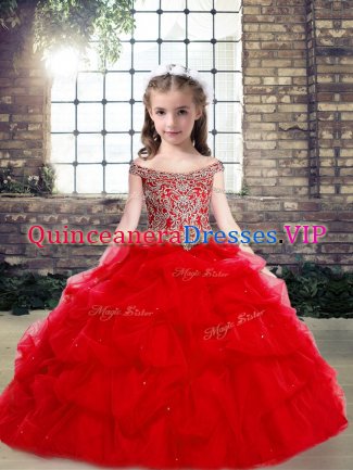 Popular Red Organza and Tulle Lace Up Little Girls Pageant Gowns Sleeveless Floor Length Beading