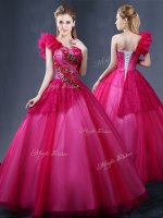 Fuchsia Sweet 16 Dresses Military Ball and Sweet 16 and Quinceanera with Lace and Appliques and Ruffles One Shoulder Sleeveless Lace Up