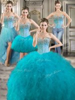 Four Piece Floor Length Ball Gowns Sleeveless Aqua Blue Vestidos de Quinceanera Lace Up