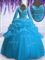 Baby Blue Long Sleeves Sequins and Pick Ups Floor Length Quinceanera Dress