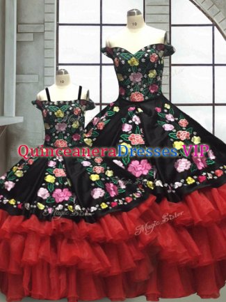 Elegant Red And Black Sleeveless Embroidery and Ruffled Layers Floor Length Sweet 16 Dresses