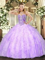 Lavender Tulle Lace Up 15th Birthday Dress Sleeveless Floor Length Beading and Ruffles