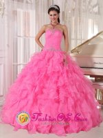 Strapless Beaded Decorate With Inexpensive Rose Pink Quinceanera Dress Custom Made with Ruffles Ball Gown In Boksburg South Africa