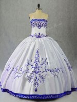 New Arrival Satin Strapless Sleeveless Lace Up Embroidery Quinceanera Dress in Blue And White