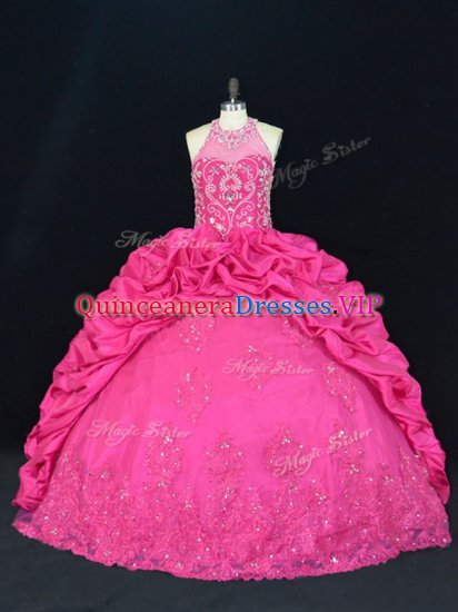 Sleeveless Taffeta Lace Up Quinceanera Gowns in Hot Pink with Beading and Appliques and Embroidery and Pick Ups - Click Image to Close