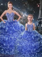 Blue Organza Lace Up 15th Birthday Dress Sleeveless Floor Length Beading and Ruffles