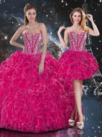 Hot Pink Sleeveless Floor Length Beading and Ruffles Lace Up Vestidos de Quinceanera