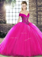 Fuchsia Sleeveless Brush Train Beading Sweet 16 Quinceanera Dress