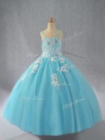 Aqua Blue Ball Gowns Spaghetti Straps Sleeveless Tulle Floor Length Lace Up Beading and Appliques Little Girls Pageant Gowns(SKU PSSWLG070BIZ)