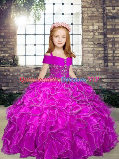 Straps Sleeveless Kids Formal Wear Floor Length Beading and Ruffles Fuchsia Organza - Click Image to Close