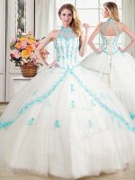 Affordable Halter Top White Sleeveless Beading and Appliques Floor Length Quinceanera Dress