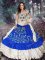 Traditional Off The Shoulder Sleeveless Sweet 16 Dress Floor Length Embroidery and Ruffled Layers Royal Blue Taffeta