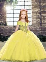 Yellow Lace Up Straps Beading Little Girl Pageant Gowns Tulle Sleeveless Brush Train