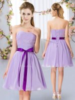 Sweetheart Sleeveless Quinceanera Court Dresses Mini Length Belt Lavender Chiffon