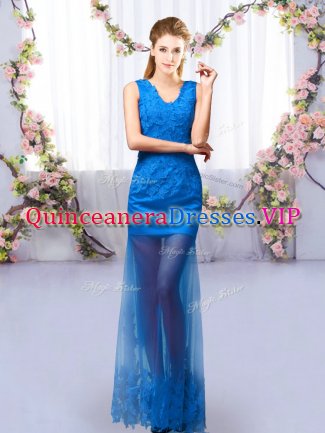 Stunning Floor Length Lace Up Dama Dress for Quinceanera Royal Blue for Prom and Party and Wedding Party with Lace