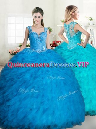 Fantastic Blue Straps Zipper Beading and Ruffles Sweet 16 Dresses Sleeveless