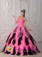 Crockett TX Ruched Bodice Beautiful Pink and Black Princess Quinceanera Dress