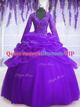 Beauteous Purple Zipper Quinceanera Gowns Sequins and Pick Ups Long Sleeves Floor Length