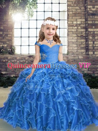 Blue Straps Neckline Beading and Ruffles Custom Made Pageant Dress Sleeveless Lace Up