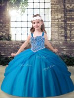 Admirable Blue Pageant Gowns For Girls Party and Sweet 16 and Wedding Party with Beading Straps Sleeveless Lace Up